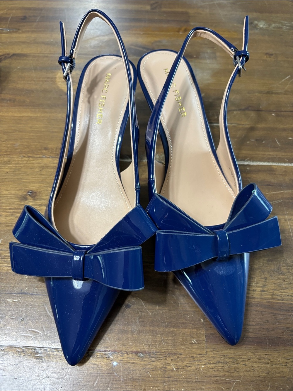 Marc Fisher Navy Patent Pointed Bow Slingback Flats